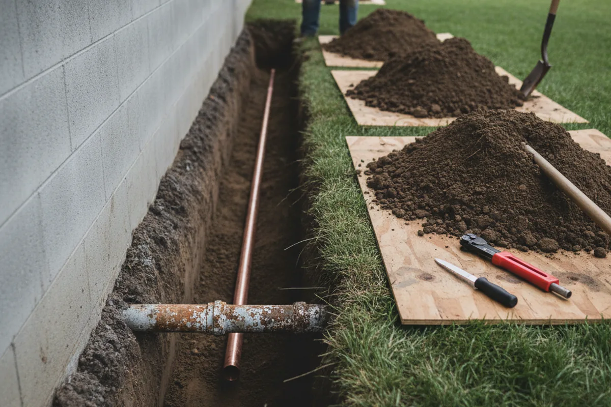 Excavated water line trench during Water Softener Installation in Albertson